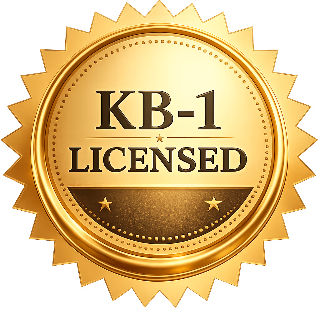 Gold seal with text 'KB-1 LICENSED' and decorative stars on a glowing background.