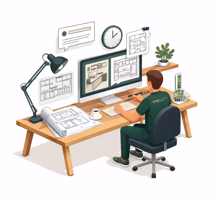 Architect at a desk working on floor plans on a computer and with printed blueprints, surrounded by a lamp, coffee cup, green paint swatches, and a potted plant.