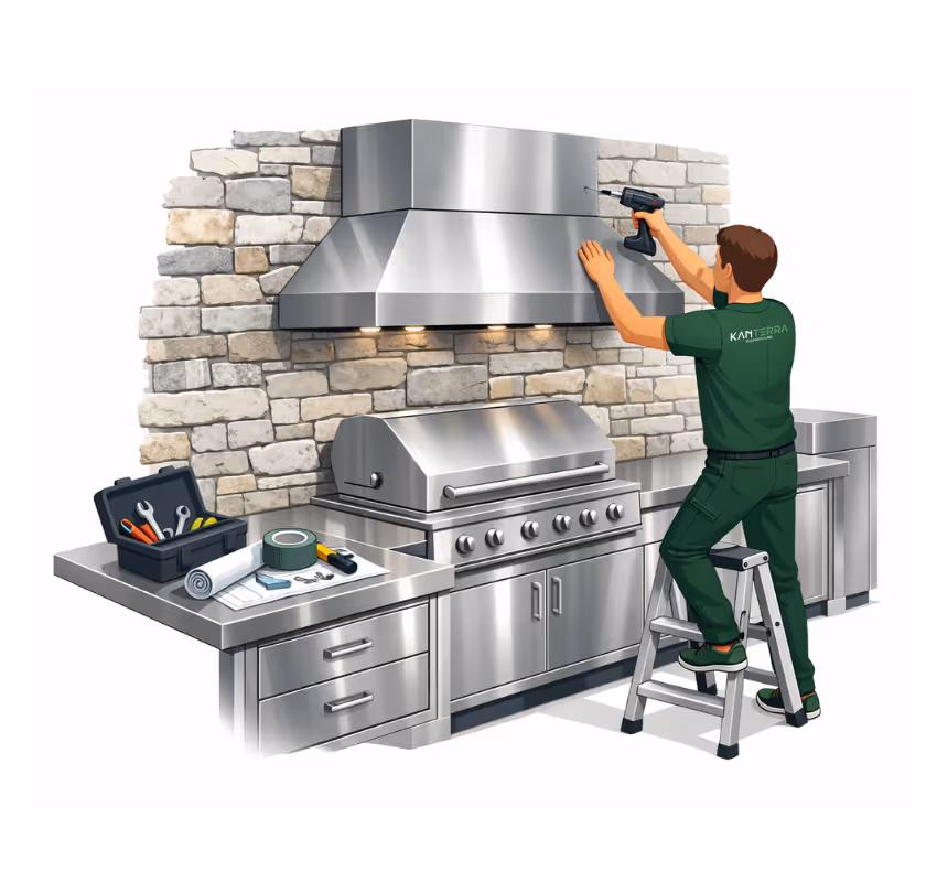 Technician in green uniform installing a stainless steel range hood above a built-in grill in an outdoor kitchen with stone wall.