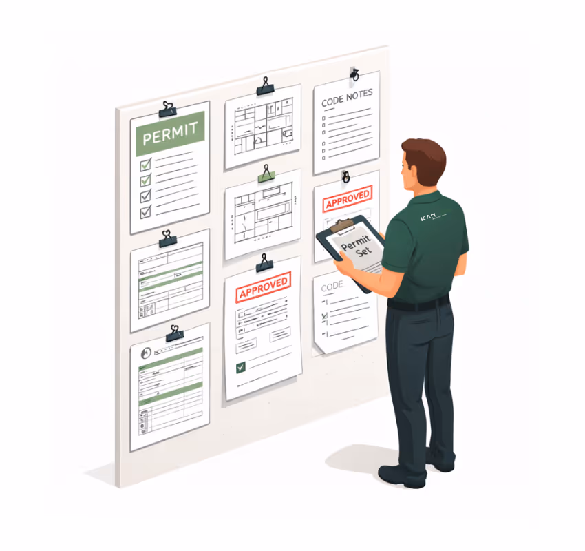 Man in dark green shirt reviewing architectural permits and plans on a wall with a clipboard labeled 'Permit Set'.