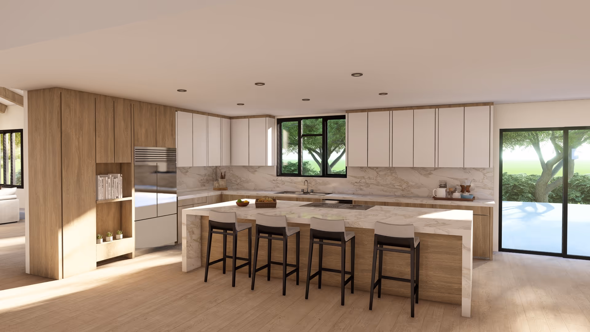 Modern kitchen with a large marble island, four bar stools, wood and white cabinetry, stainless steel refrigerator, and large windows showing green trees outside.
