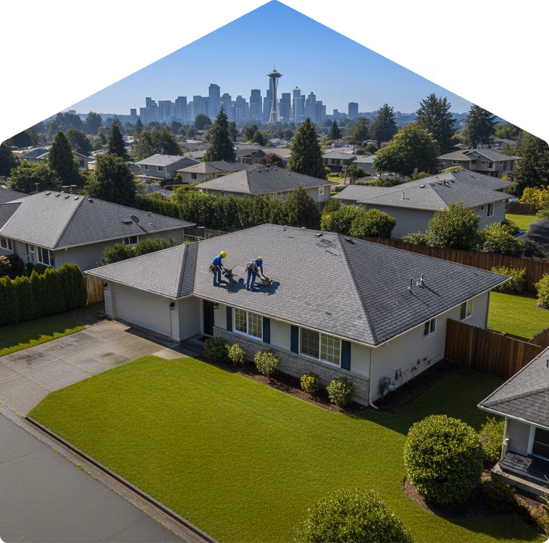 Men working on roof, seattle skyline in background. 