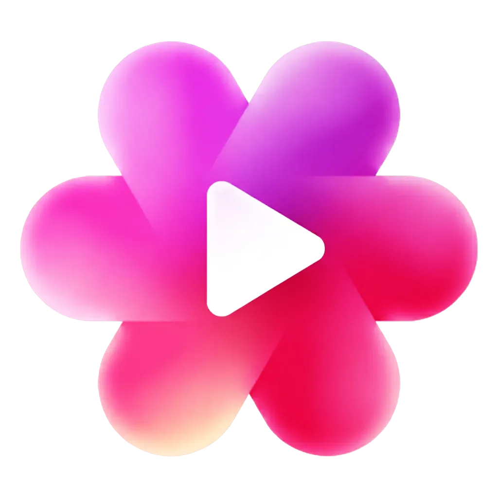 Icon of six smooth, petal-like forms arranged in a circular, pinwheel pattern, blending vibrant gradients from pink to purple and orange. A white play button is centered within.