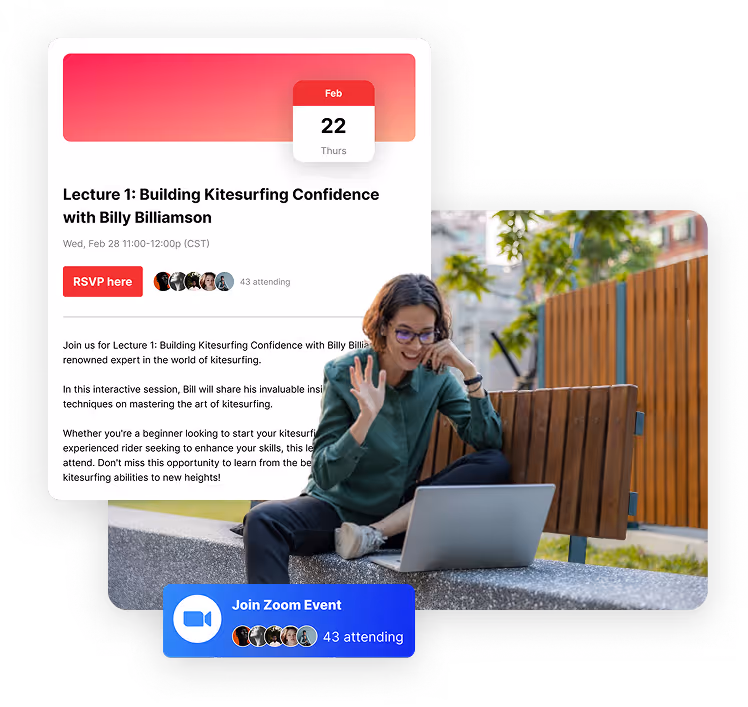 Young woman sitting outdoors on a stone bench, waving and smiling at a laptop, alongside a Zoom event invitation for a kitesurfing confidence lecture.