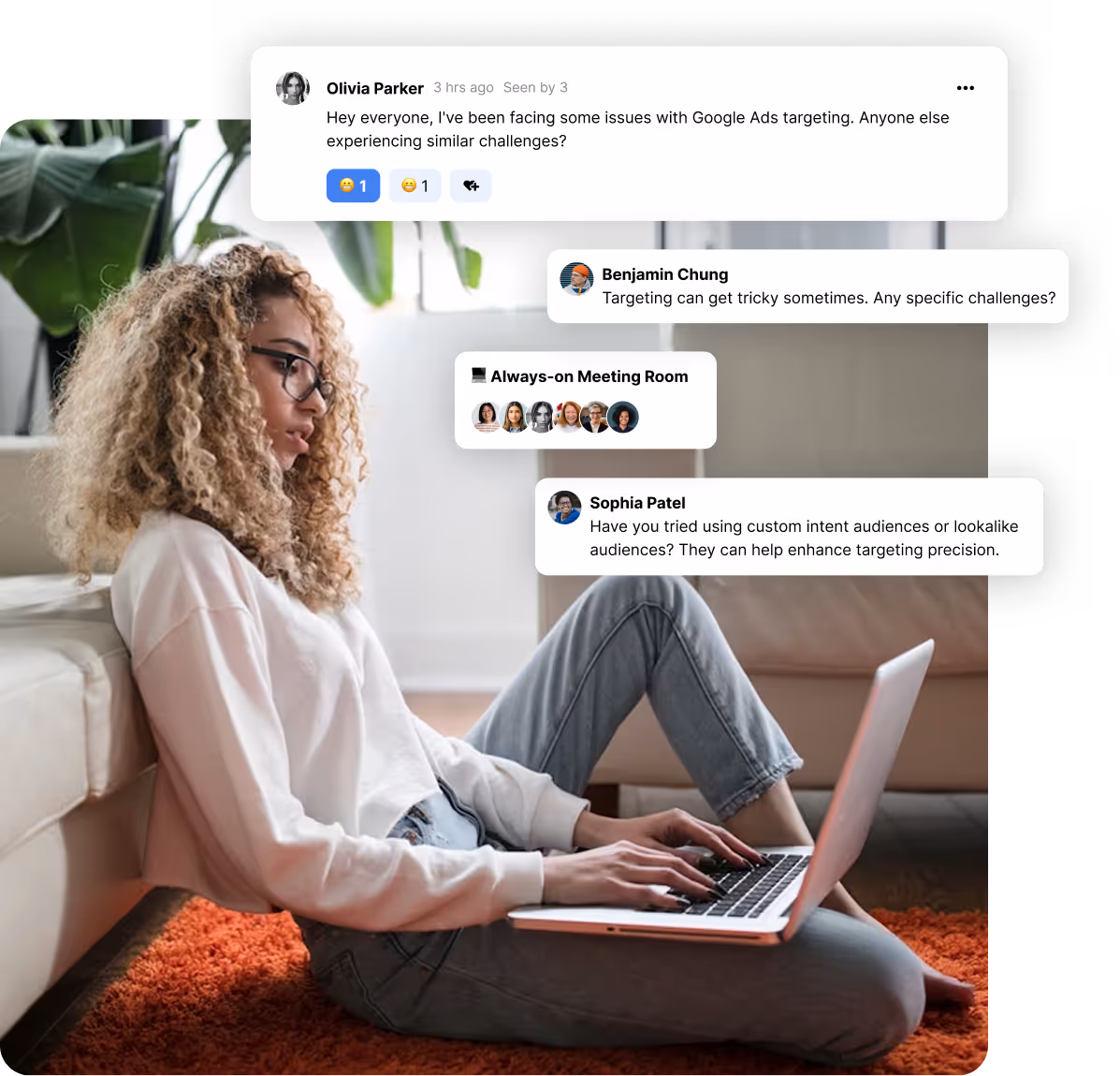 Young woman with curly hair and glasses sitting on an orange carpet, leaning against a sofa, typing on a laptop, with overlaid chat messages about Google Ads targeting challenges.