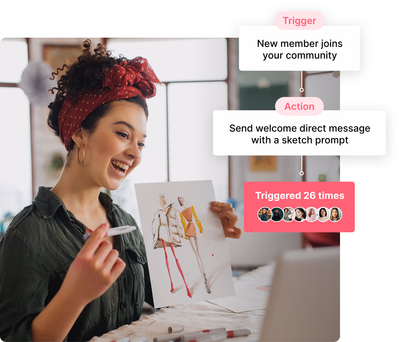 Smiling woman with curly hair and a red headscarf holding a fashion sketch while holding a marker, next to a workflow diagram about welcoming new community members with direct messages.