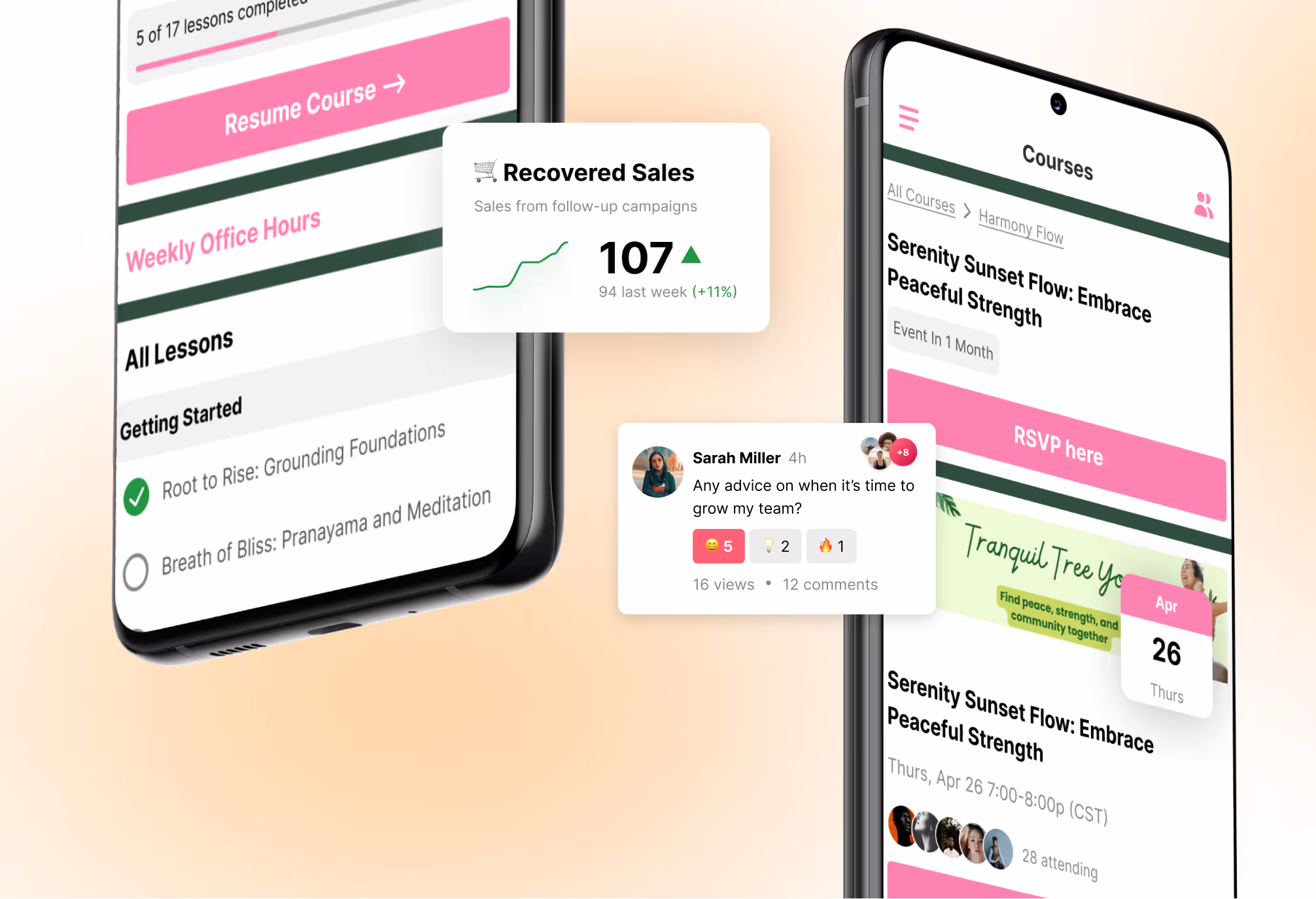 Two smartphones displaying a course app with lessons, a progress tracker, an event RSVP button, and a social comment thread from Sarah Miller about team growth.