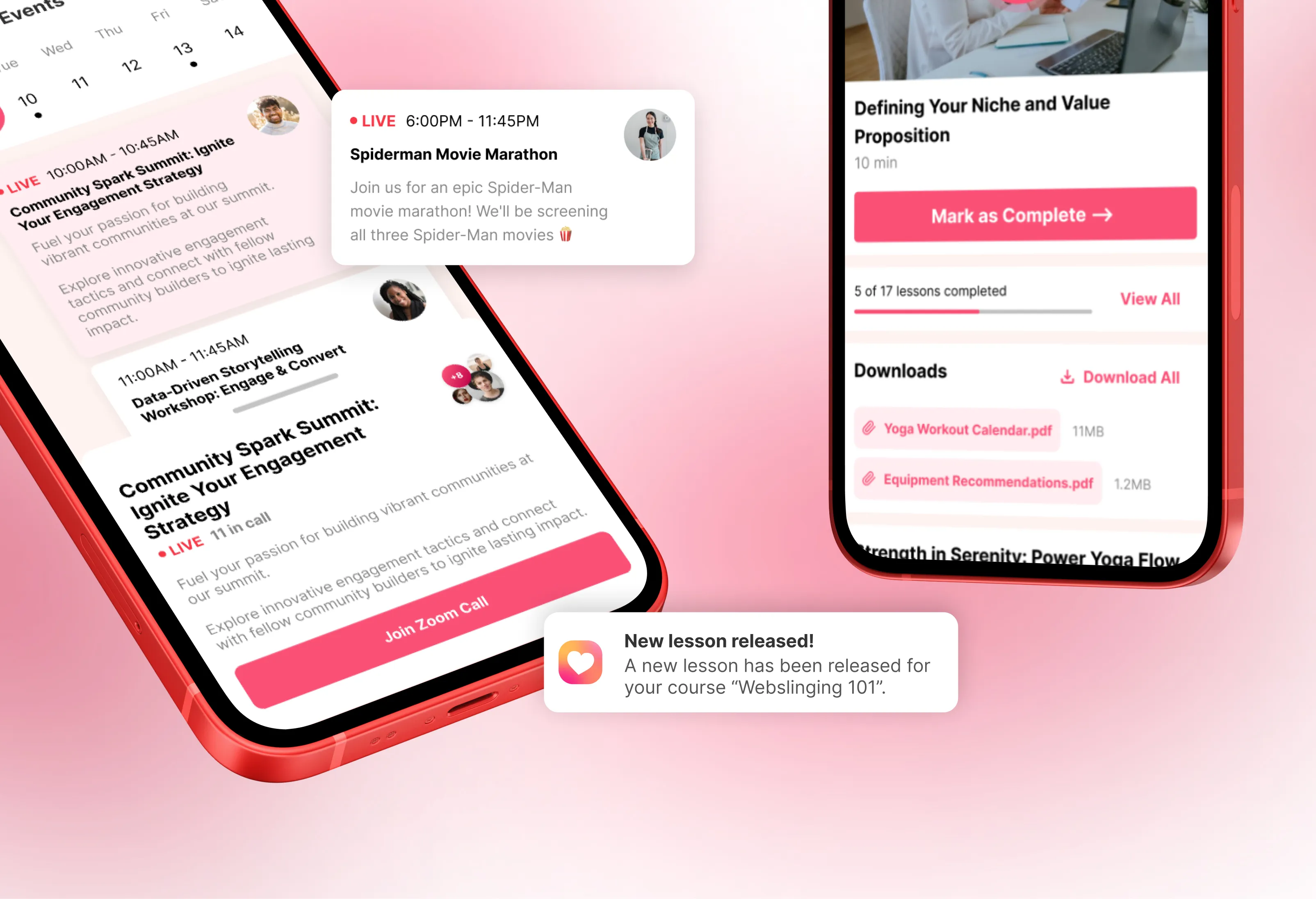 Two red smartphones displaying event schedules and course progress with live events, downloads, and a notification about a new lesson release in Webslinging 101.