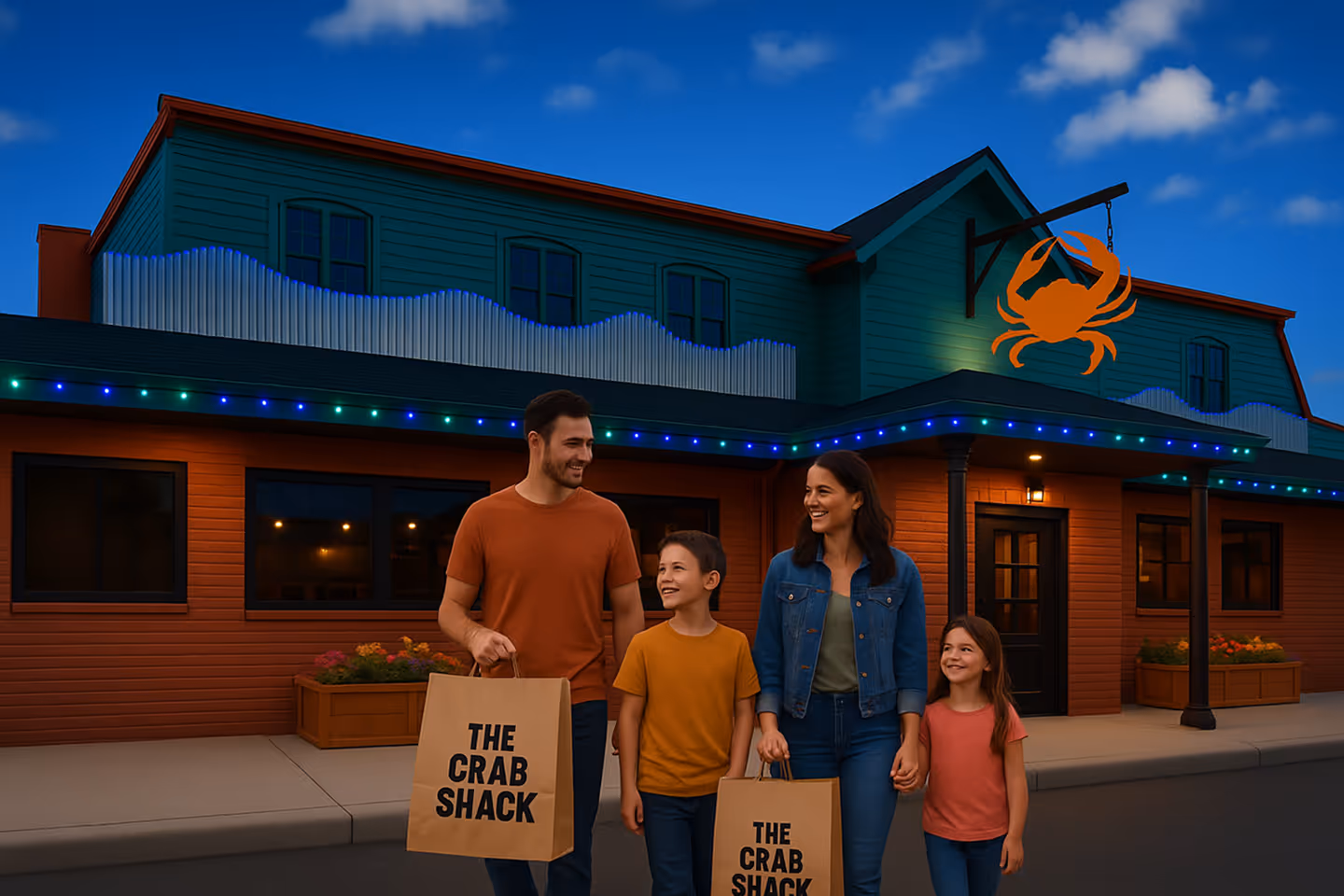 A family receiving a large, steaming brown paper bag of food from a smiling staff member.