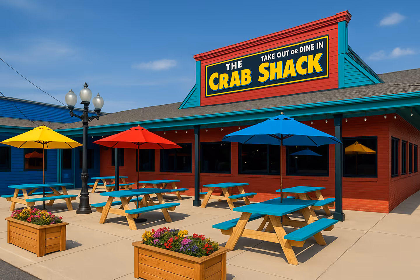 A sunny outdoor patio area filled with tables, orange umbrellas, and happy diners enjoying seafood and drinks outdoors.