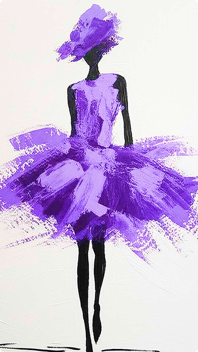 Abstract painting of a slender figure wearing a vibrant purple dress and matching headpiece on a white background.