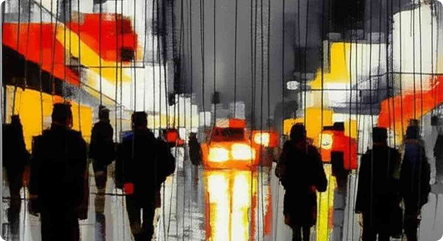 Abstract cityscape with silhouettes of people walking under glowing streetlights at night.