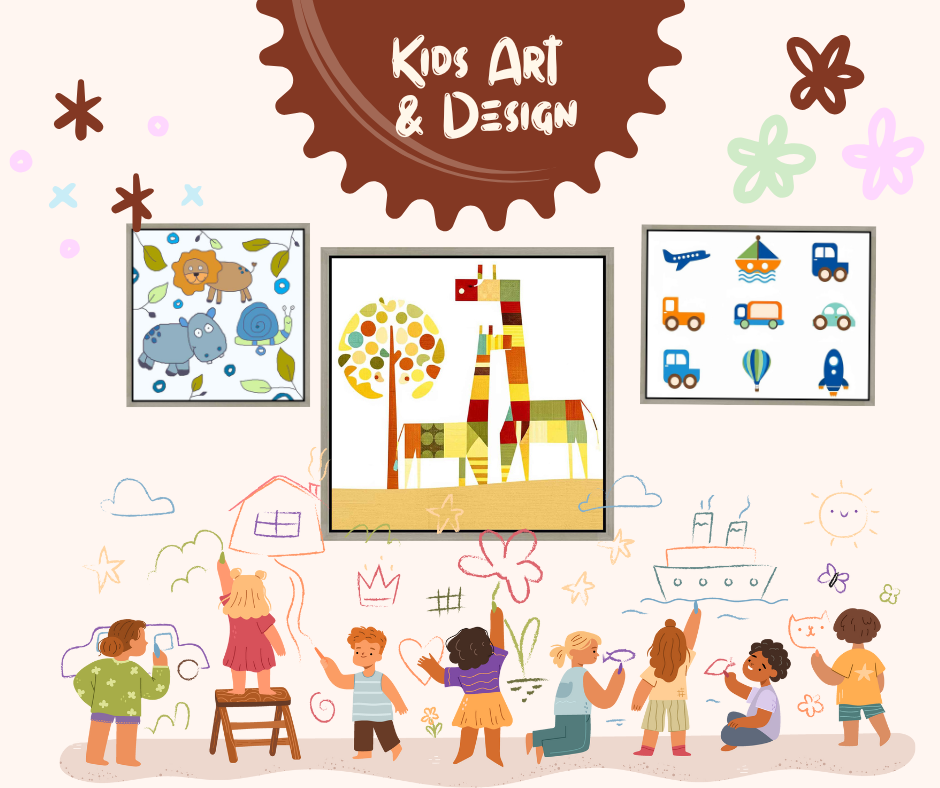 Illustration of seven children drawing colorful doodles of houses, animals, flowers, and vehicles on a wall beneath framed kid's art featuring animals, giraffes, and transportation icons, with a brown paint splatter header reading 'Kids Art & Design.'