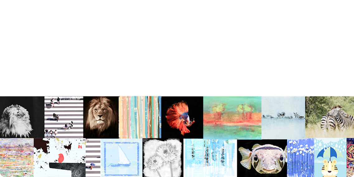 A colorful collage consisting of images including a bald eagle, aerial view of people on crosswalk, a lion, abstract stripes, a betta fish, landscape paintings, zebras, abstract art, a sailboat sketch, dandelions, cityscape, a fish close-up, floral artwork, and a cartoon tiger with an umbrella.
