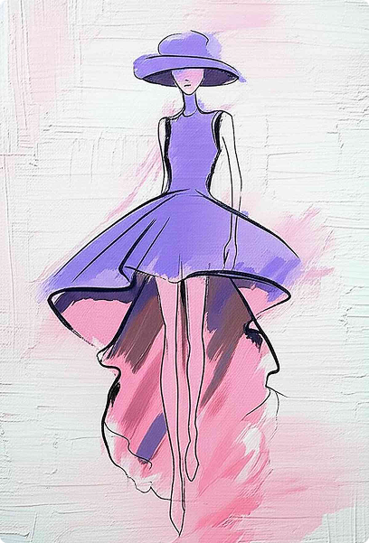 Stylized illustration of a slender woman wearing a flowing purple dress and wide-brimmed hat with pink and purple abstract background.