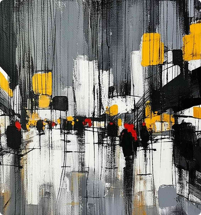 Abstract cityscape painting with grey buildings, black and white streets, and bright yellow and red accents.