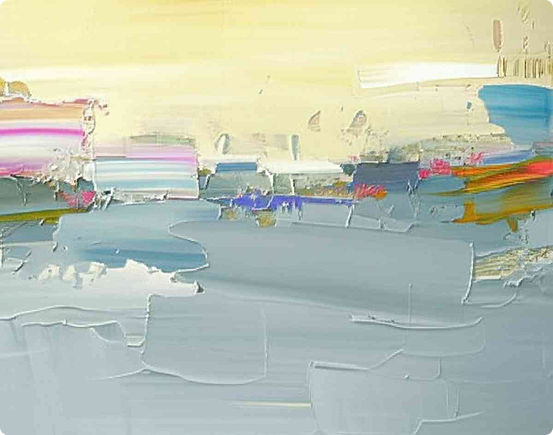 Abstract oil painting with textured brushstrokes in pastel yellows, blues, grays, and accents of pink, purple, and orange.