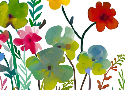 Colorful watercolor-style flowers and green foliage on a white background.