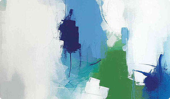 Abstract painting with blue, green, white, and dark purple brush strokes blending softly.