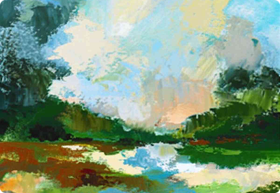 Abstract landscape painting with green fields, a blue sky with clouds, and a water reflection.