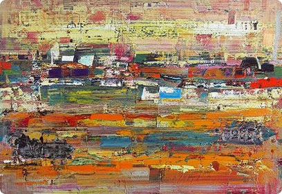 Abstract painting with horizontal layers of varied colors including orange, yellow, red, blue, and brown.
