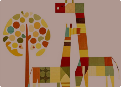 Illustration of two giraffes made with colorful, rectangular patchwork standing beside a tree with similarly patterned circular leaves.