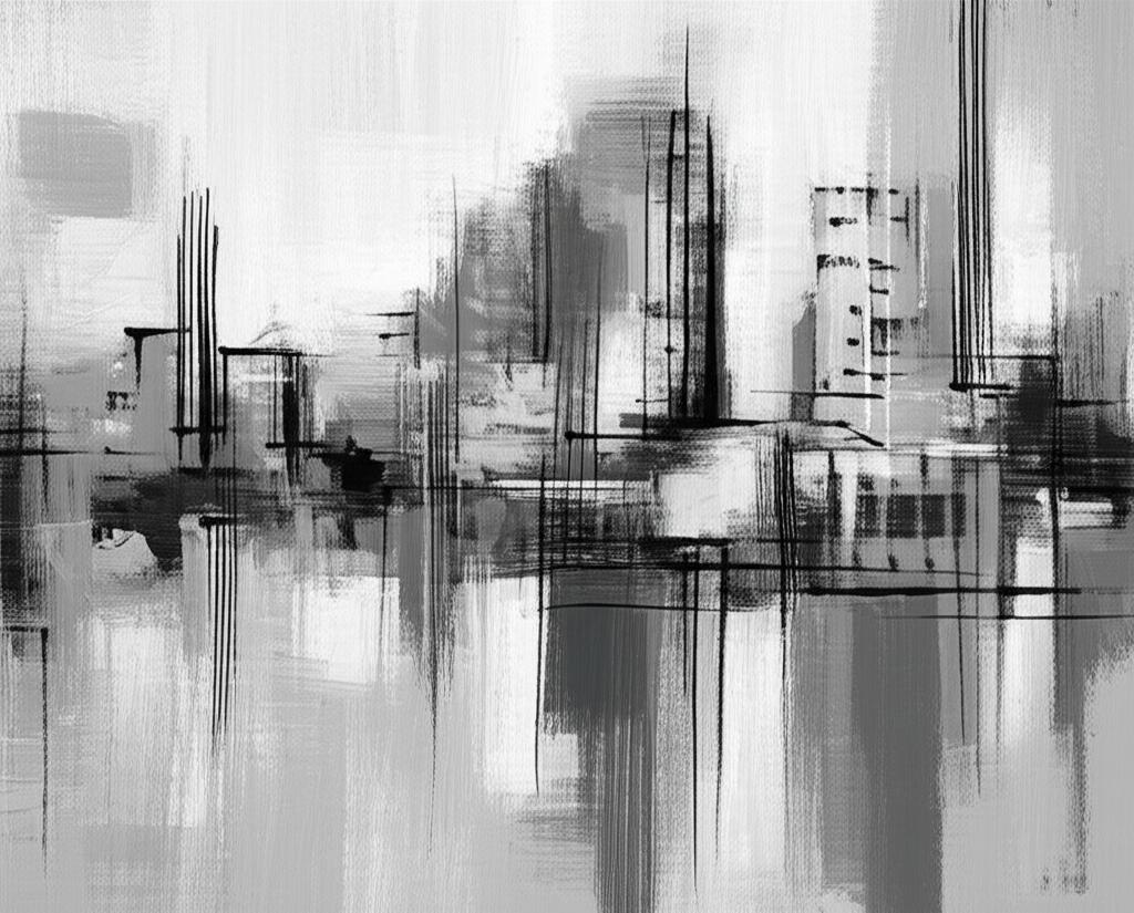 Abstract black and white painting of a city skyline with vertical and horizontal lines.
