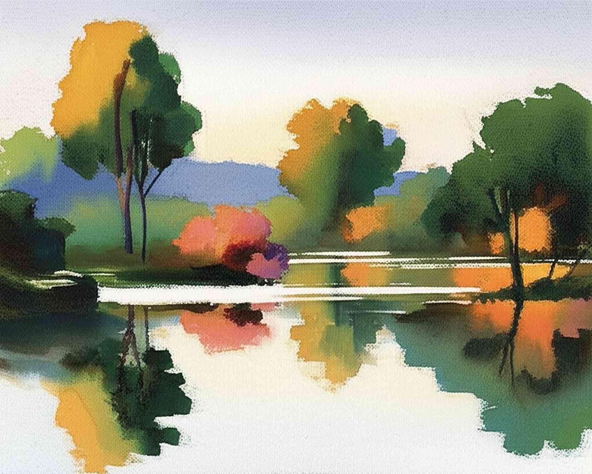 Impressionist painting of a calm lake reflecting trees with green, orange, and pink foliage under a pale sky.