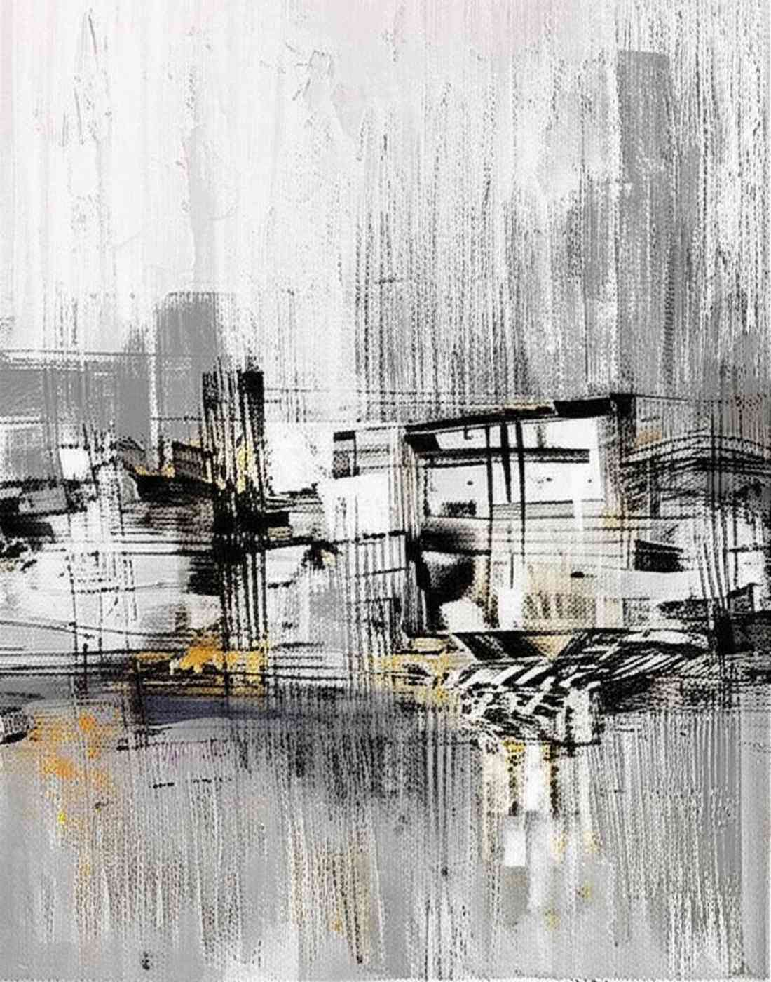 Abstract digital artwork with overlapping black, white, and gray geometric lines and shapes with hints of yellow.