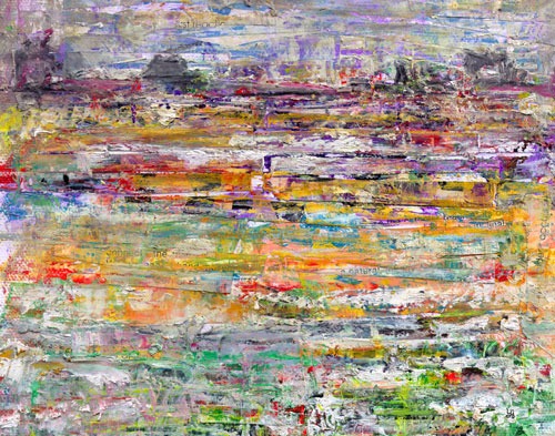 Abstract textured painting with horizontal layers of mixed colors including purples, yellows, oranges, greens, and whites.