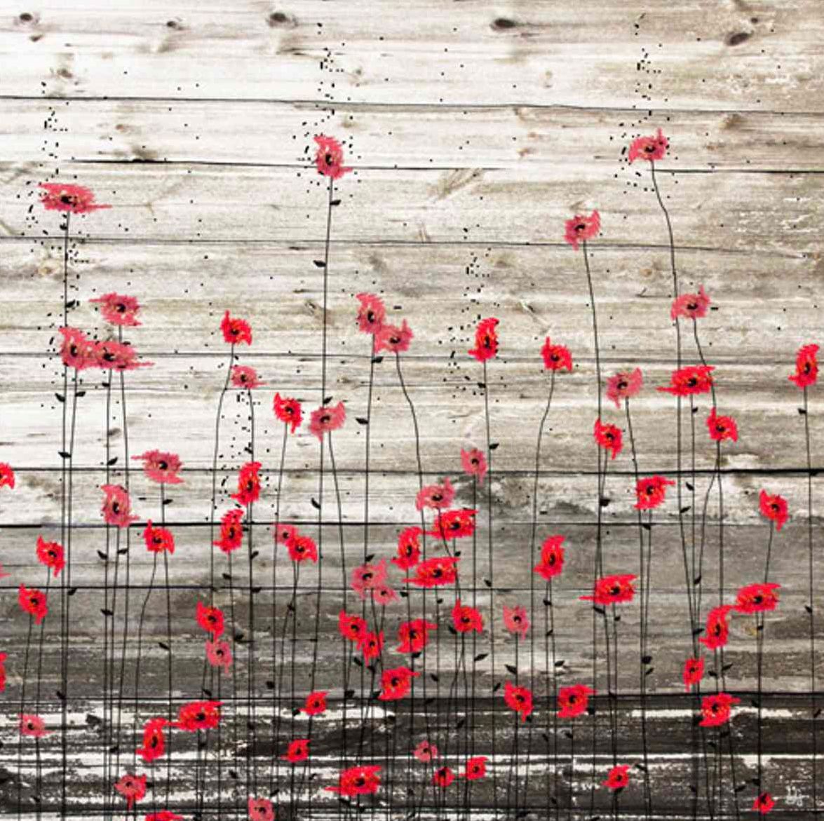 Abstract painting of tall, thin red flowers with black stems against a textured gray wooden background.