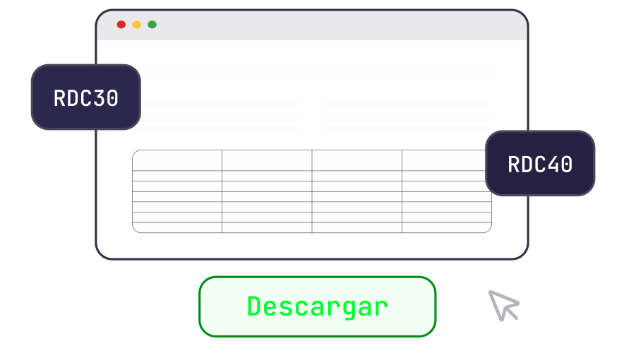 Ilustración de una ventana de navegador con reportes marcados como RDC30 y RDC40 y un botón verde grande con la palabra Descargar.