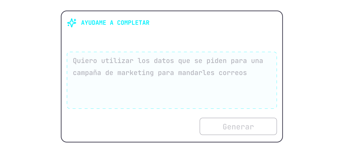 Pantalla con cuadro de texto azul que dice: Quiero utilizar los datos que se piden para una campaña de marketing para mandarles correos, con botón gris deshabilitado que dice Generar.