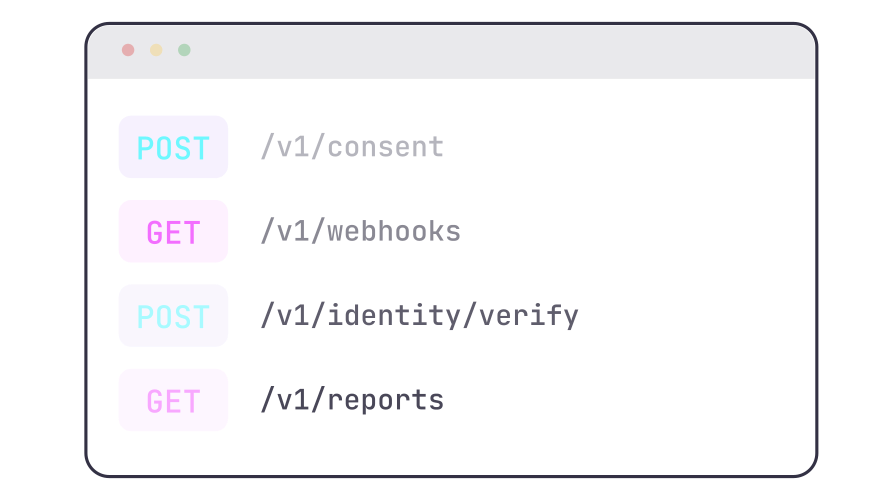 Ventana de navegador mostrando cuatro rutas API con métodos POST y GET: POST /v1/consent, GET /v1/webhooks, POST /v1/identity/verify, GET /v1/reports.