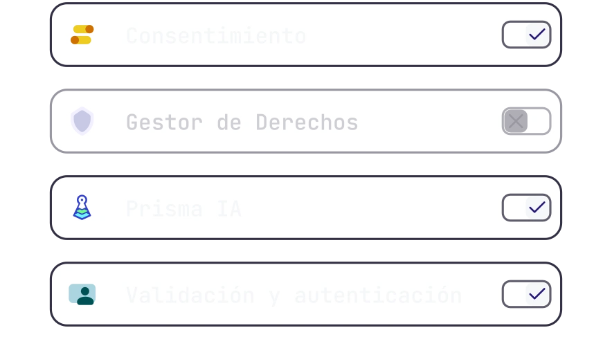 Lista módulos: verificación, consentimiento marcado, Gestor de Derechos sin marcar, Prisma IA marcado y Validación y autenticación marcado.