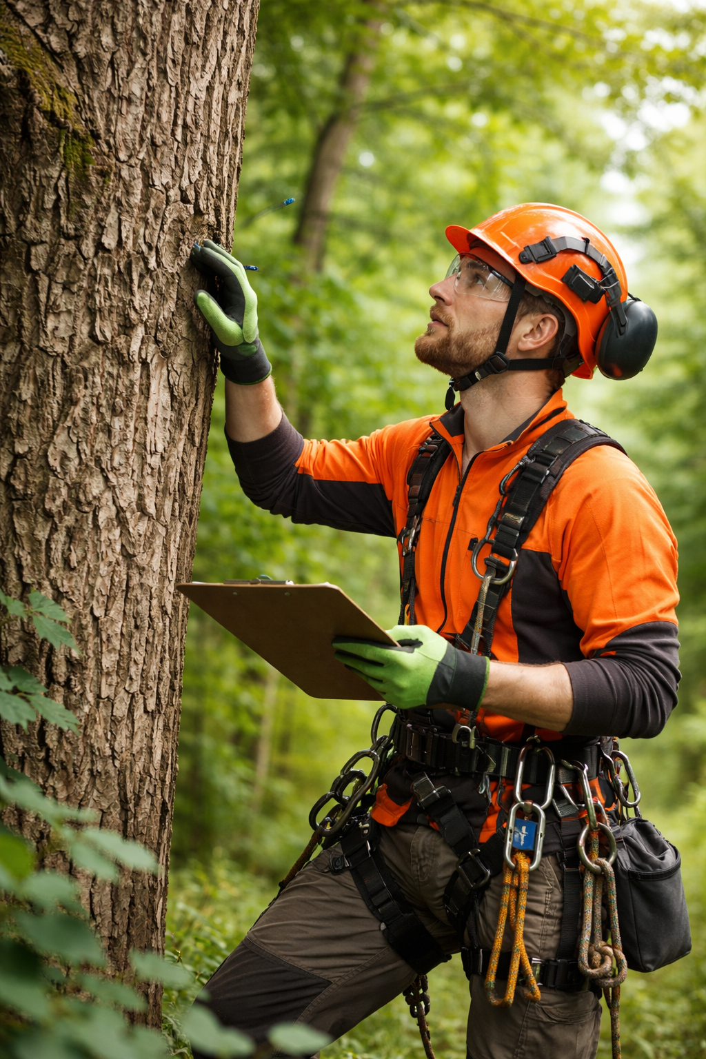 Forester in orange safety gear inspecting a tree trunk with a clipboard in a forest.