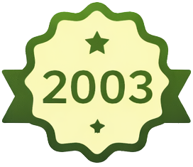 Green and cream badge with stars and the year 2003 in the center.