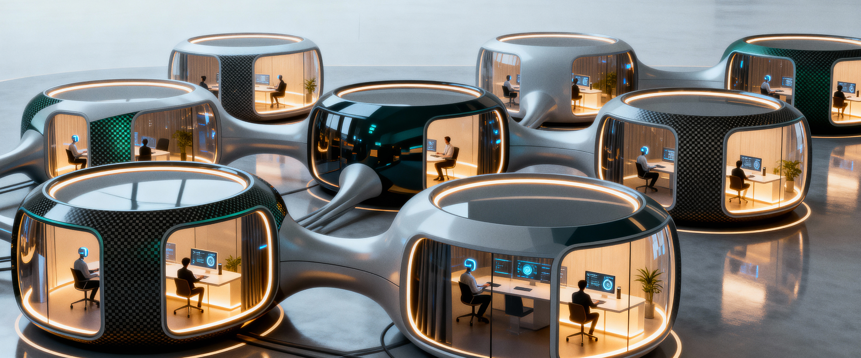 Futuristic modular work pods connected by metallic arms, each with two people working at desks with computers in a modern office setting.
