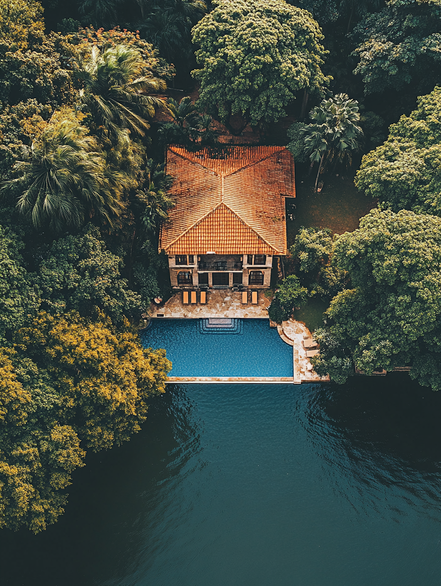 Aerial view of a villa with an orange tiled roof surrounded by dense green trees, featuring a rectangular infinity pool that seamlessly merges into an adjacent body of water.