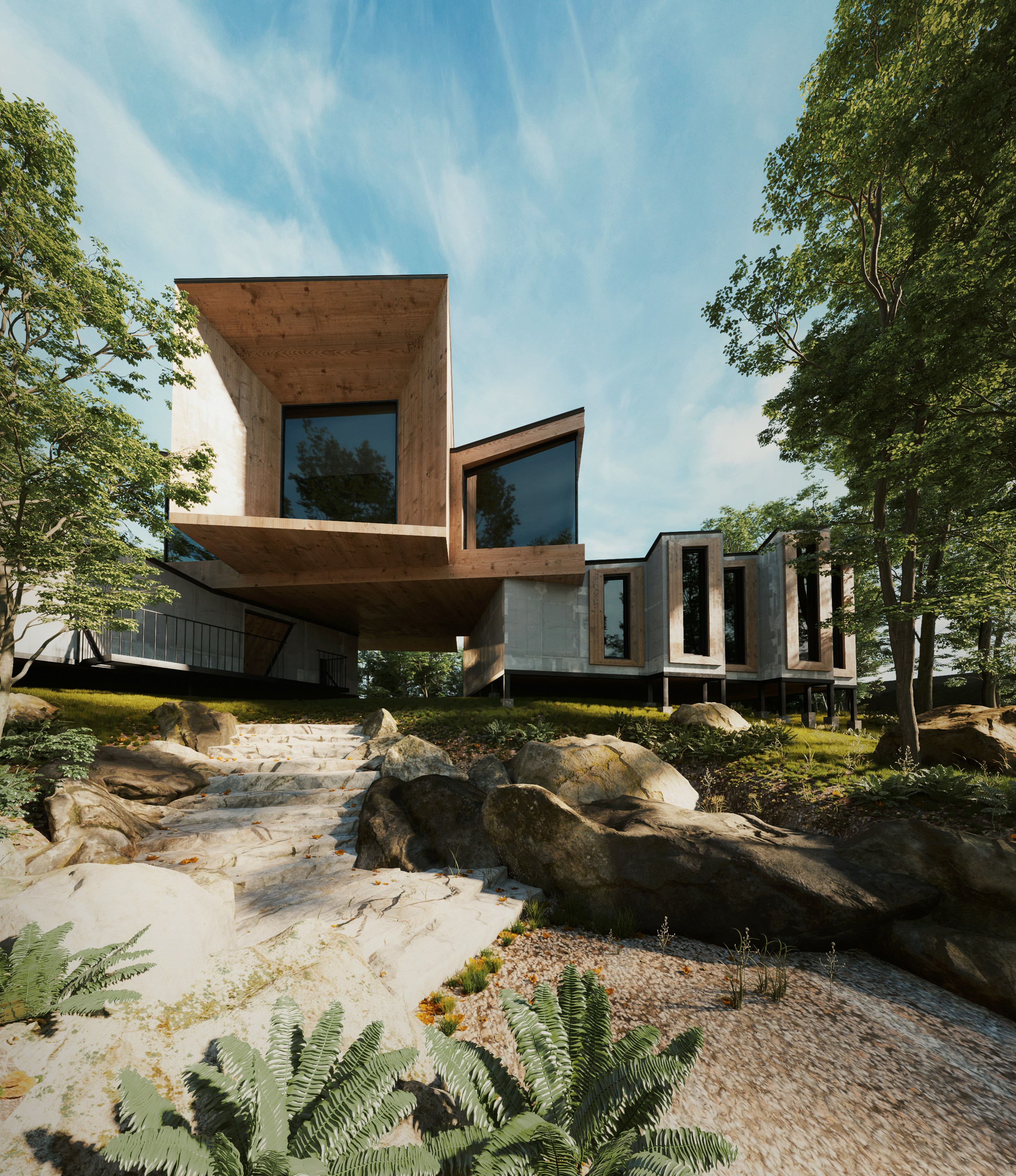 Modern elevated house with large wooden panels and floor-to-ceiling windows surrounded by trees and stone steps.