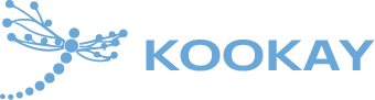 Blue logo of stylized dragonfly with dotted tail followed by the word 'KOOKAY' in uppercase letters.