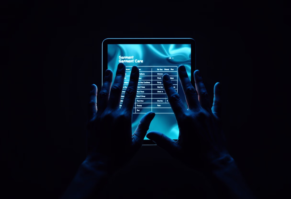 image of hands-on an appointment booking on a tablet (for a garment care service)