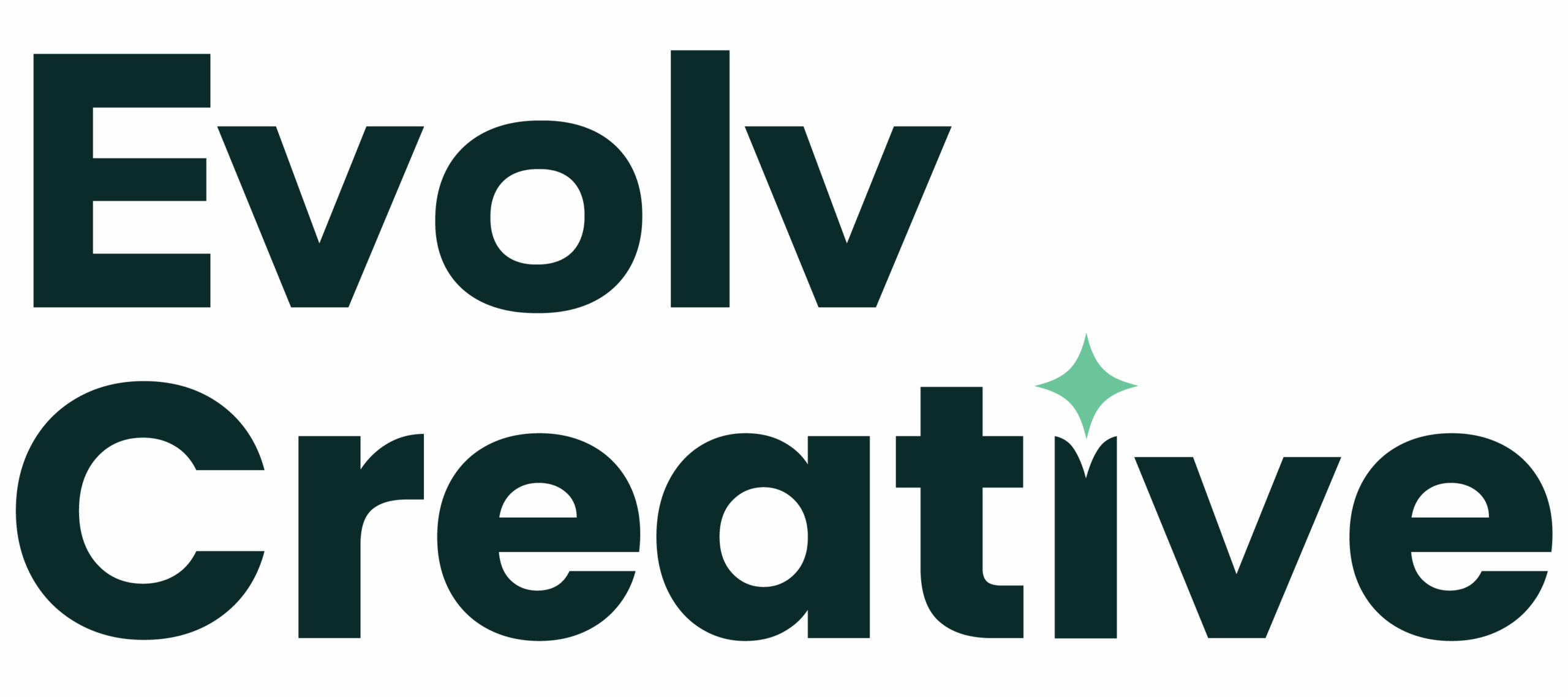 Text logo reading 'Evolv Creative' with a green sparkle above the letter i in Creative.