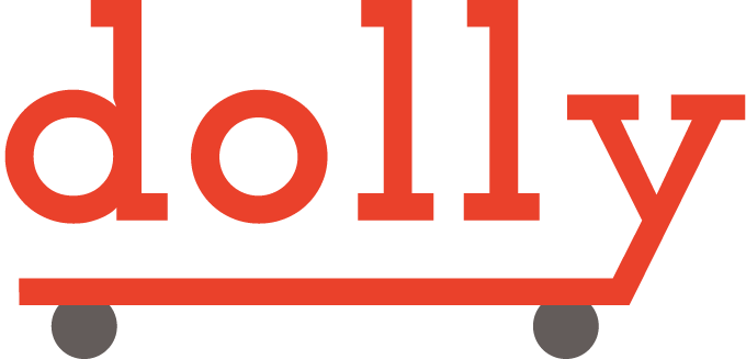 Logo with the word 'dolly' in bold red lowercase letters, with a red line and two gray circles underneath resembling a hand truck or dolly.