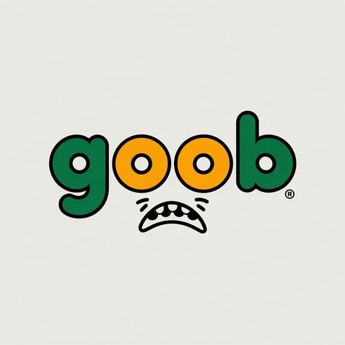 Logo with the word 'goob' in bold rounded letters, green for g and b and orange for the two o's, with a cartoonish open mouth with teeth below the o's.