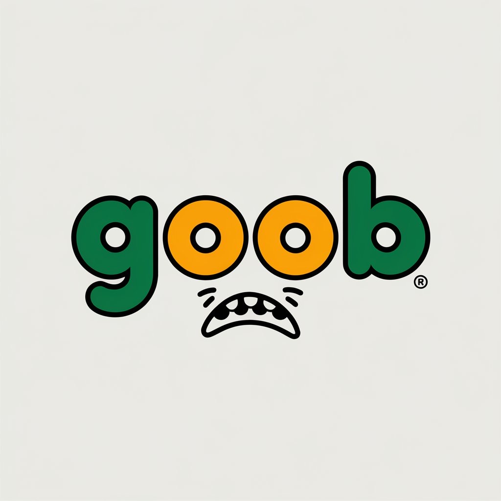 Logo with the word 'goob' in bold rounded letters, green for g and b and orange for the two o's, with a cartoonish open mouth with teeth below the o's.