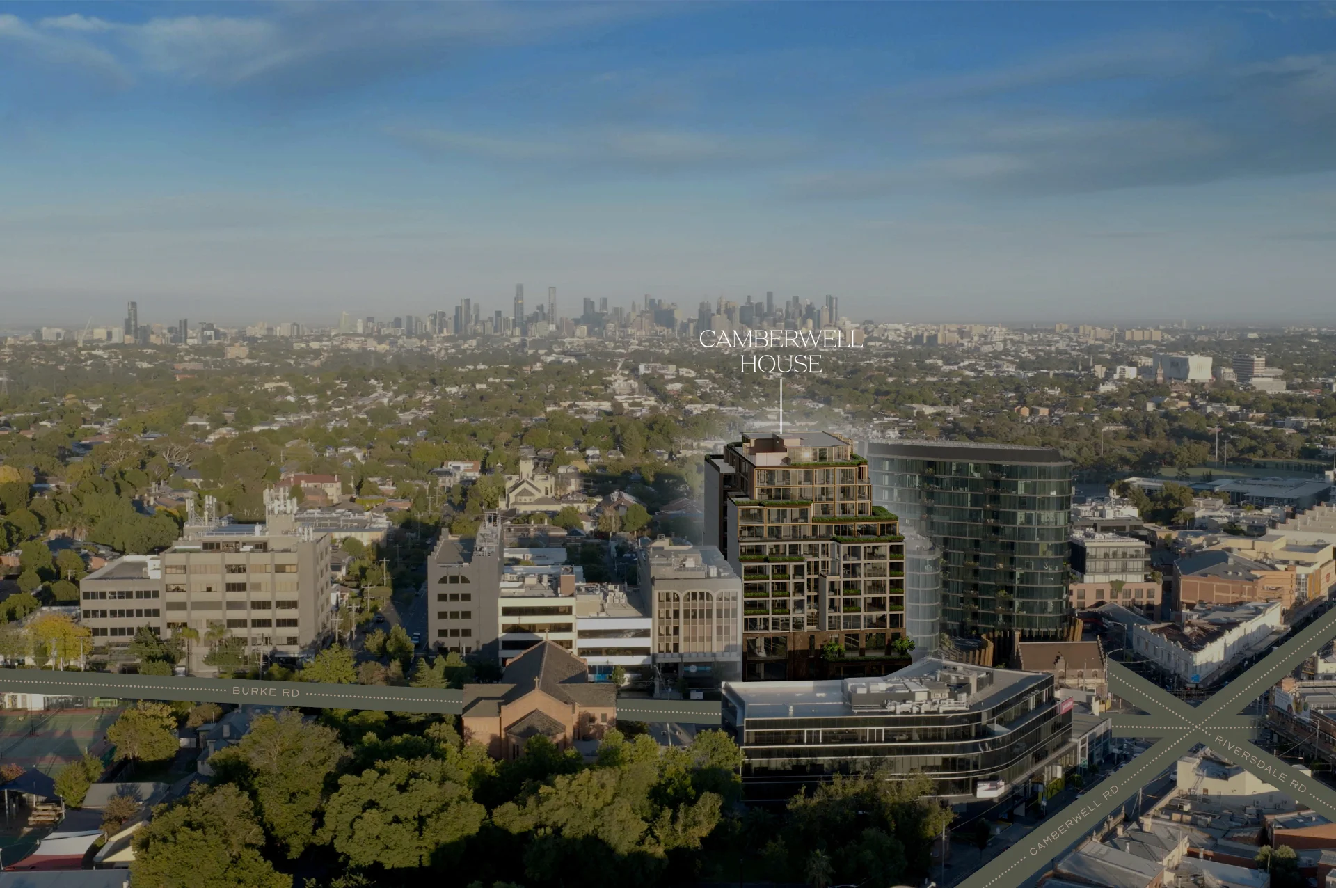 Aerial view of Camberwell House within the Camberwell Junction precinct
