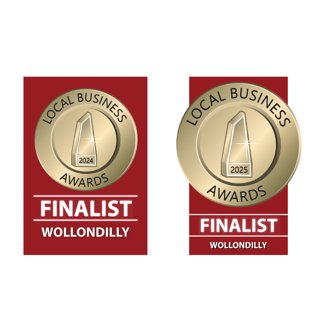 Two Local Business Awards finalist badges for Wollondilly for the years 2024 and 2025, featuring gold medallions with a trophy icon.