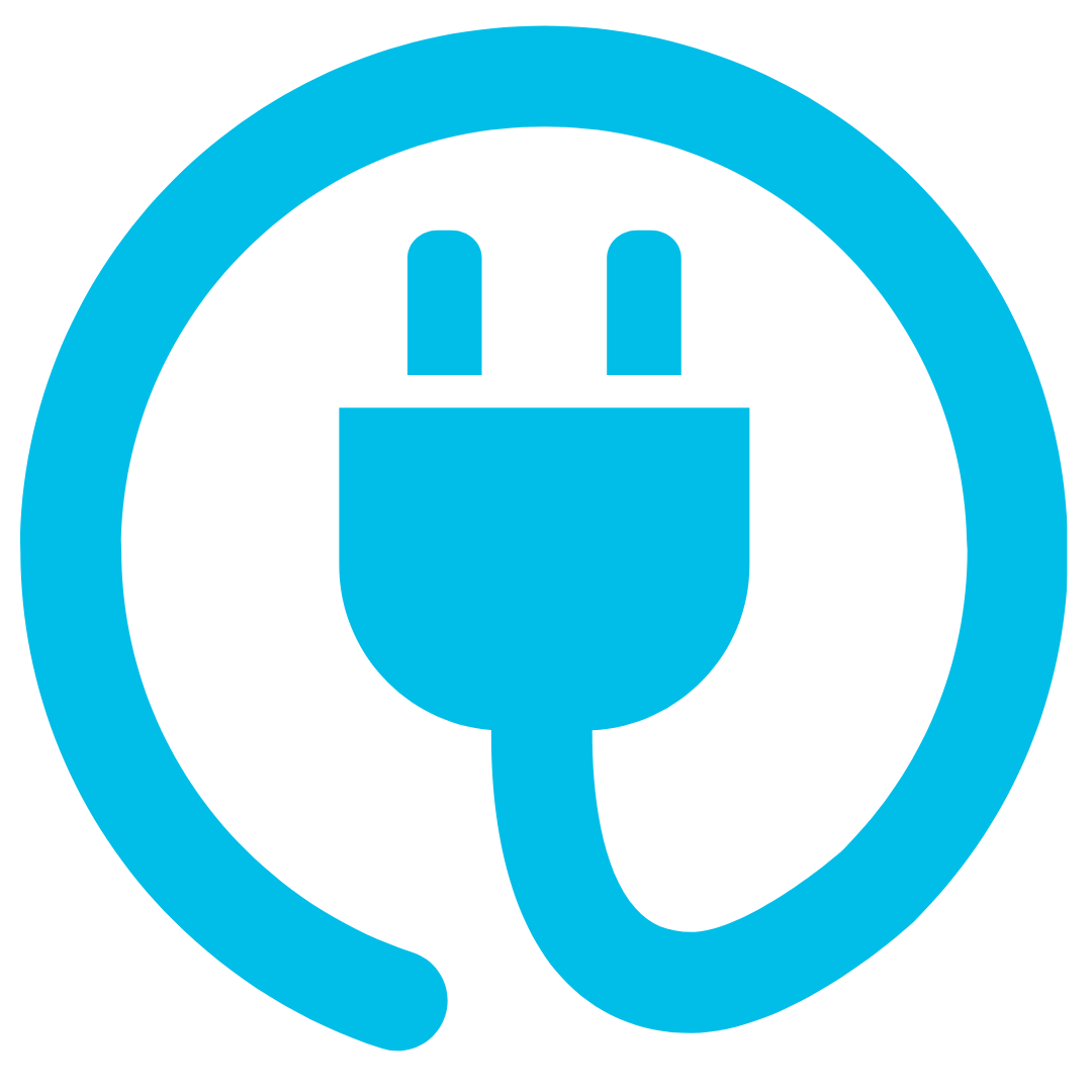 White electric power plug icon enclosed by a circular line on a black background.
