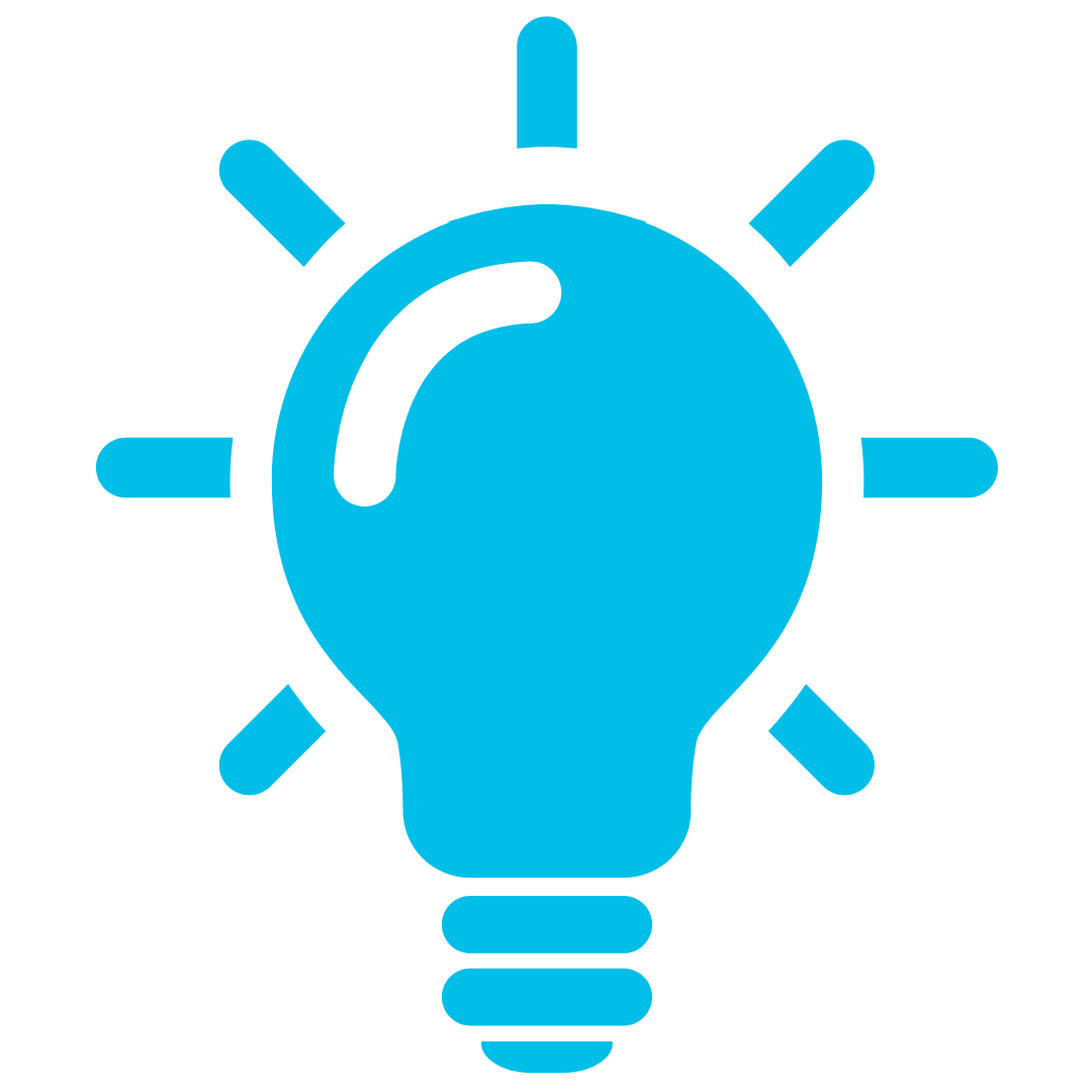 Blue light bulb icon with rays indicating an idea or inspiration.